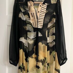 Anthropologie Black Sheer Tunic with Yellow Floral Print vintage US Size 12-14